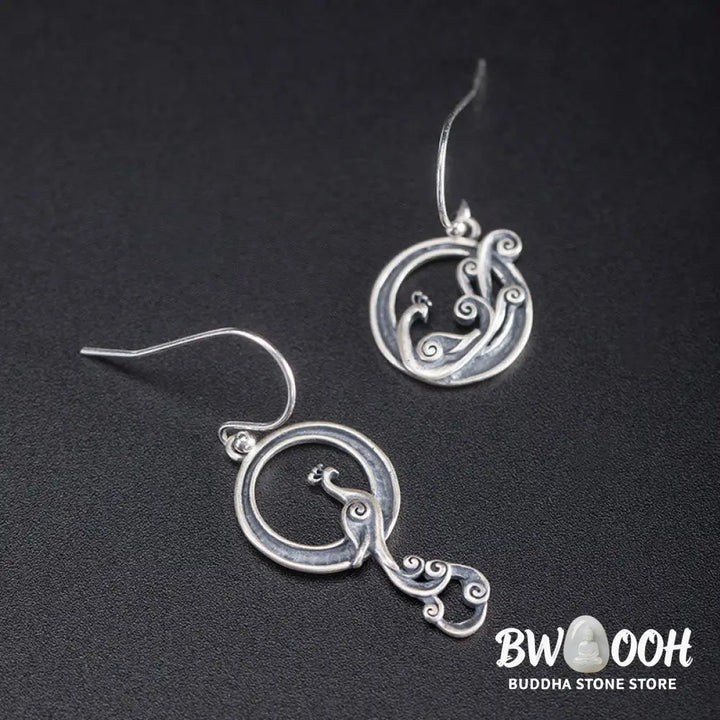 Buddha Stones 925 Sterling Silver Round Asymmetry Peacock Fortune Earrings - 925 Sterling Silver - Earrings