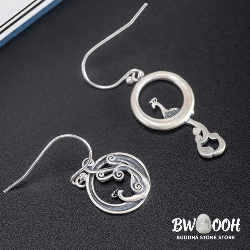 Buddha Stones 925 Sterling Silver Round Asymmetry Peacock Fortune Earrings - 925 Sterling Silver - Earrings