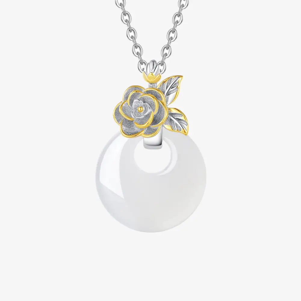 Buddha Stones 925 Sterling Silver Round Chalcedony Twelve Months Flower Harmony Necklace Pendant - BWOOOH - Camellia
