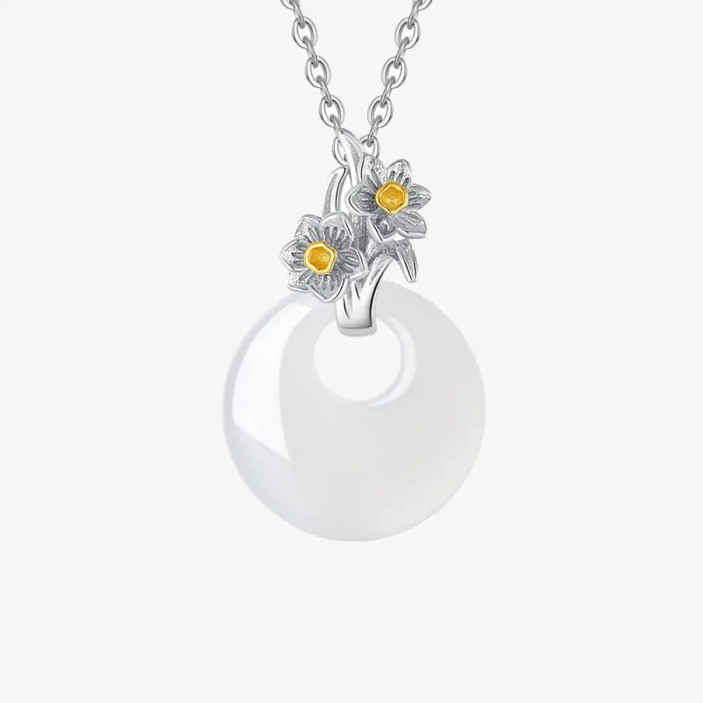 Buddha Stones 925 Sterling Silver Round Chalcedony Twelve Months Flower Harmony Necklace Pendant - BWOOOH - Narcissus