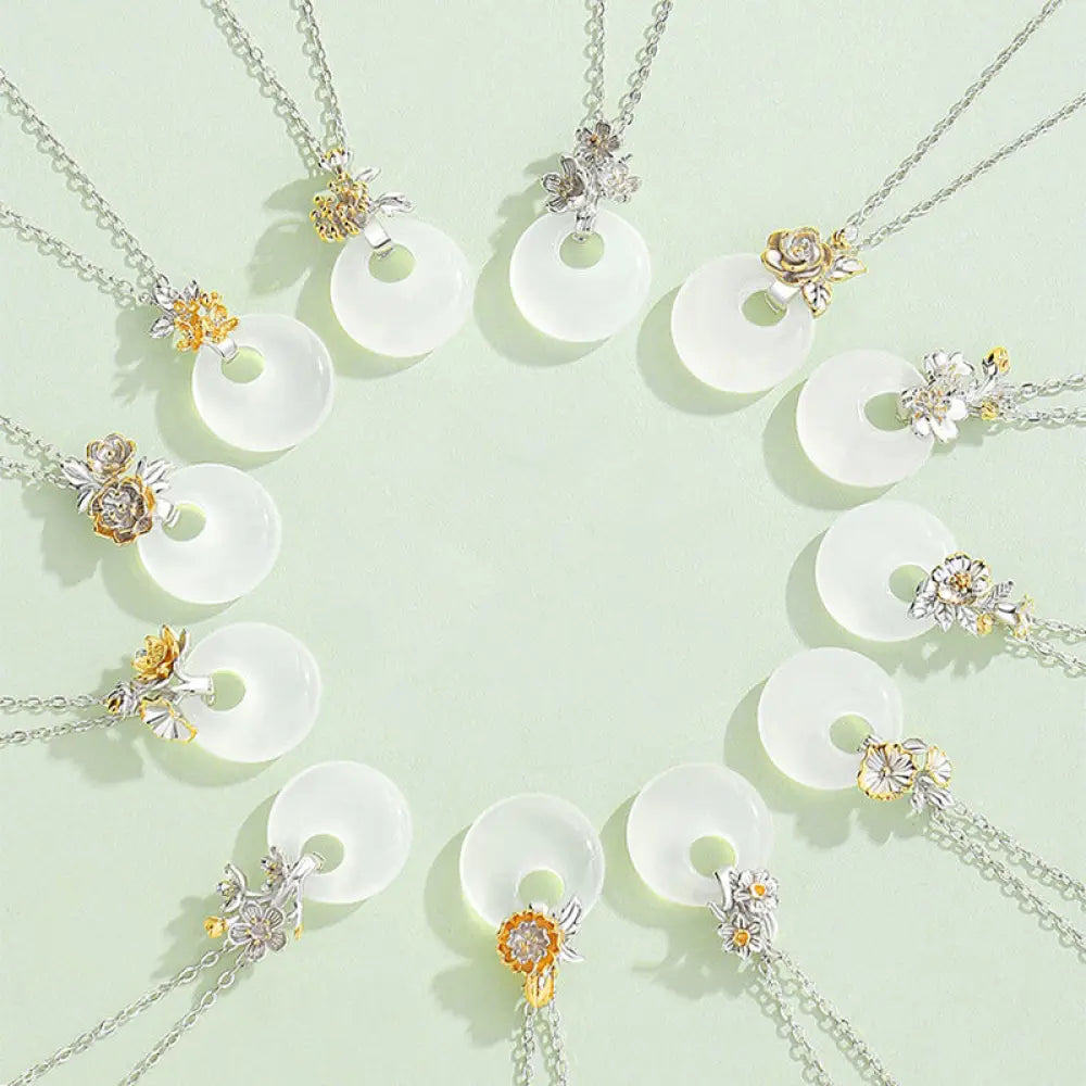 Buddha Stones 925 Sterling Silver Round Chalcedony Twelve Months Flower Harmony Necklace Pendant - BWOOOH - Necklaces &