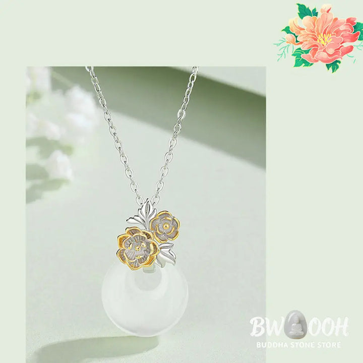 Buddha Stones 925 Sterling Silver Round Chalcedony Twelve Months Flower Harmony Necklace Pendant - BWOOOH - Necklaces &amp;
