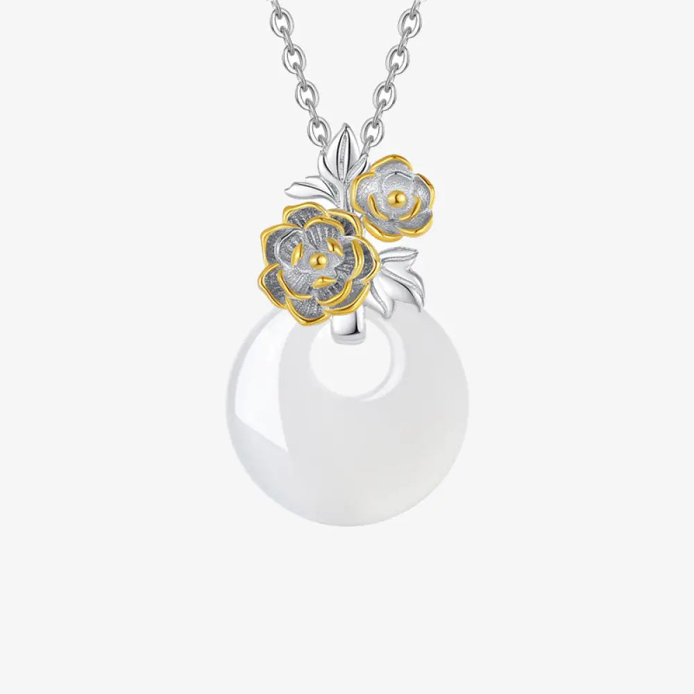 Buddha Stones 925 Sterling Silver Round Chalcedony Twelve Months Flower Harmony Necklace Pendant - BWOOOH - Peony