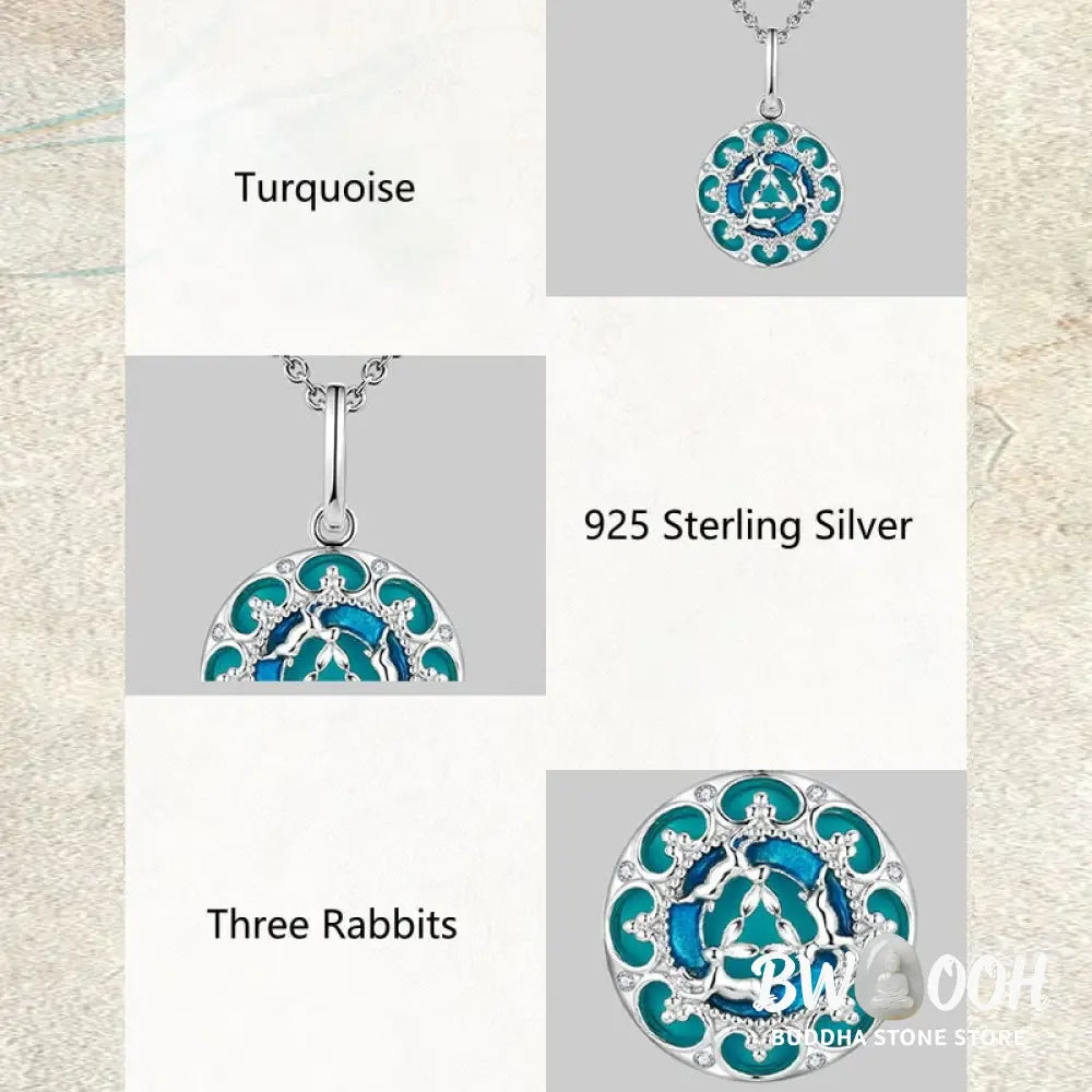 Buddha Stones 925 Sterling Silver Round Turquoise Three Rabbits Balance Necklace Pendant - BWOOOH