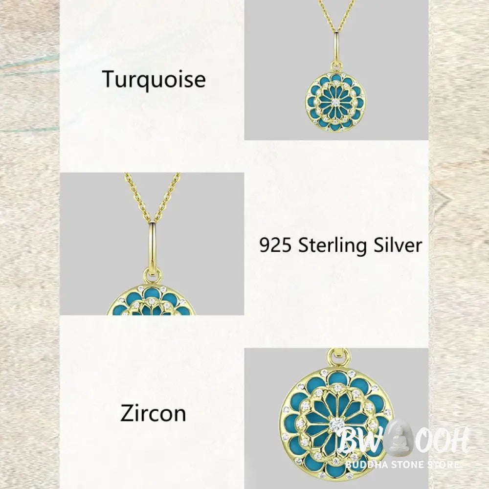 Buddha Stones 925 Sterling Silver Round Turquoise Zircon Protection Strength Necklace Pendant - BWOOOH