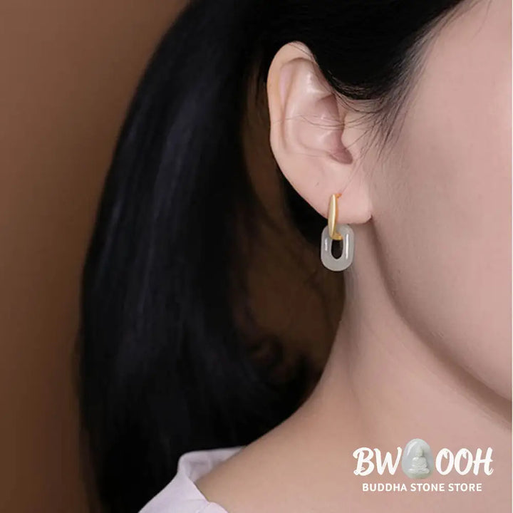 Buddha Stones 925 Sterling Silver Round White Jade Happiness Blessing Earrings - 925 Sterling Silver&amp;White Jade