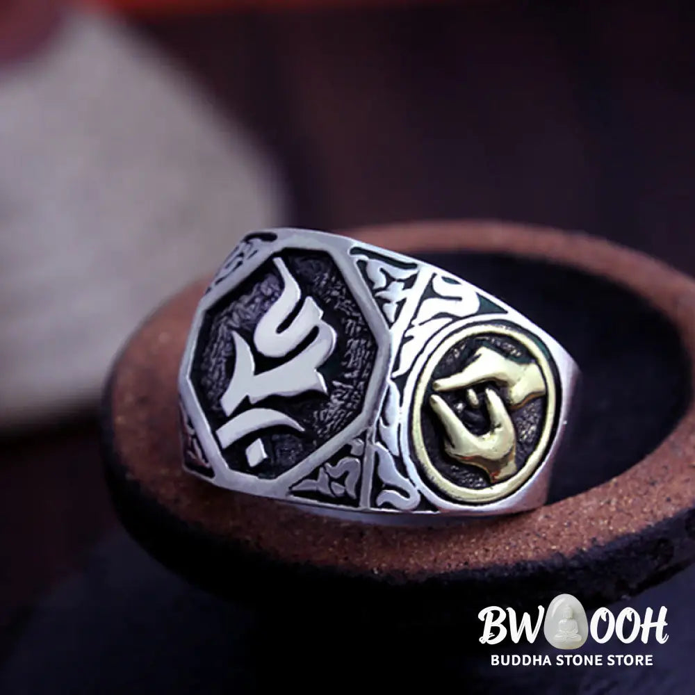 Buddha Stones 925 Sterling Silver Sanskrit Design Carved Protection Adjustable Ring - BWOOOH - Sanskrit