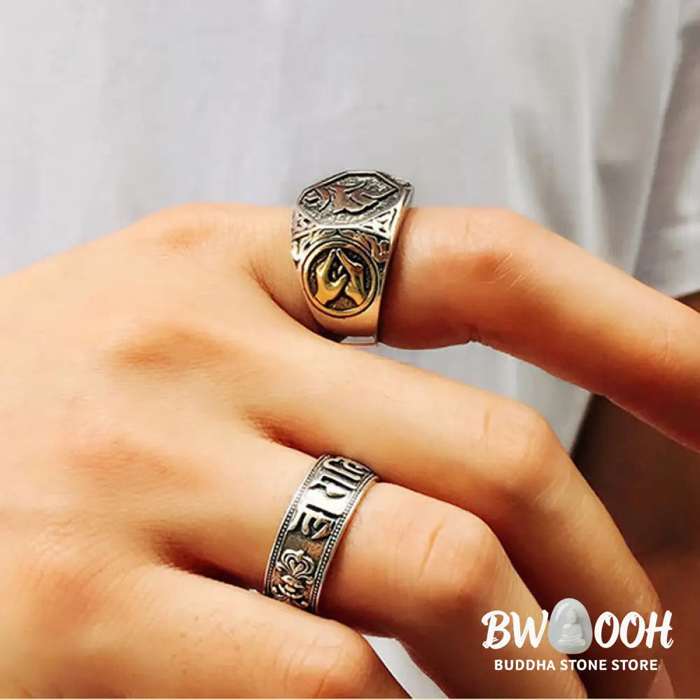 Buddha Stones 925 Sterling Silver Sanskrit Design Carved Protection Adjustable Ring - BWOOOH - Sanskrit