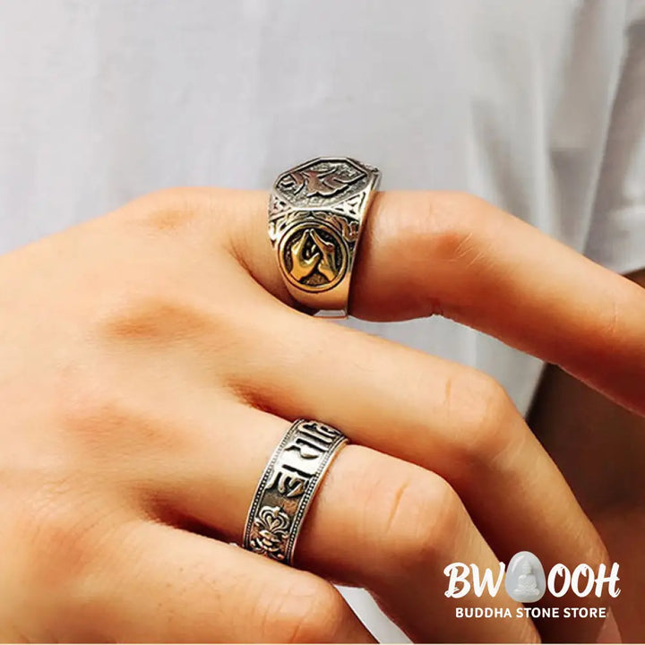 Buddha Stones 925 Sterling Silver Sanskrit Design Carved Protection Adjustable Ring - BWOOOH - Sanskrit