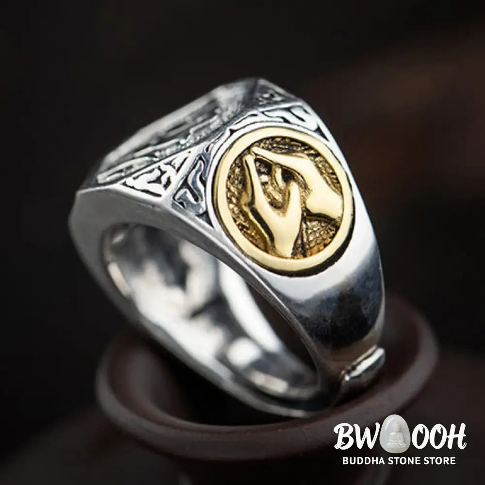 Buddha Stones 925 Sterling Silver Sanskrit Design Carved Protection Adjustable Ring - BWOOOH - Sanskrit