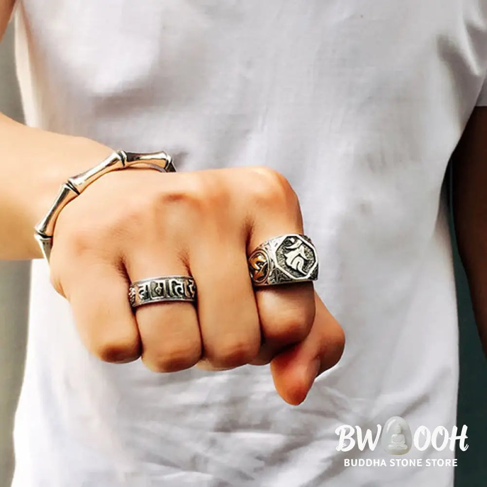 Buddha Stones 925 Sterling Silver Sanskrit Design Carved Protection Adjustable Ring - BWOOOH - Sanskrit