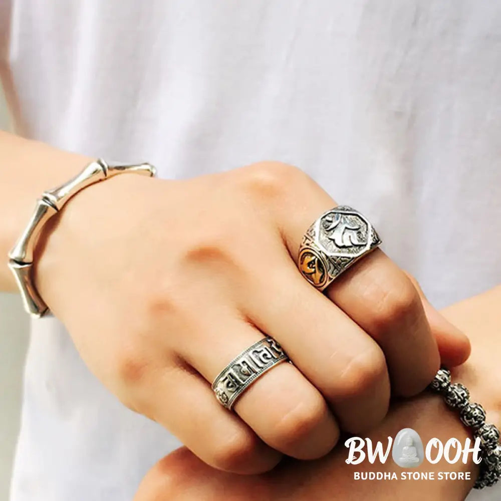 Buddha Stones 925 Sterling Silver Sanskrit Design Carved Protection Adjustable Ring - BWOOOH - Sanskrit