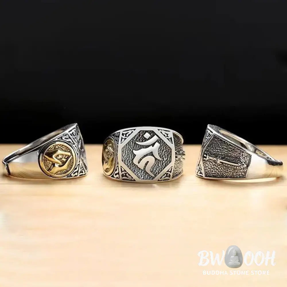 Buddha Stones 925 Sterling Silver Sanskrit Design Carved Protection Adjustable Ring - BWOOOH - Sanskrit
