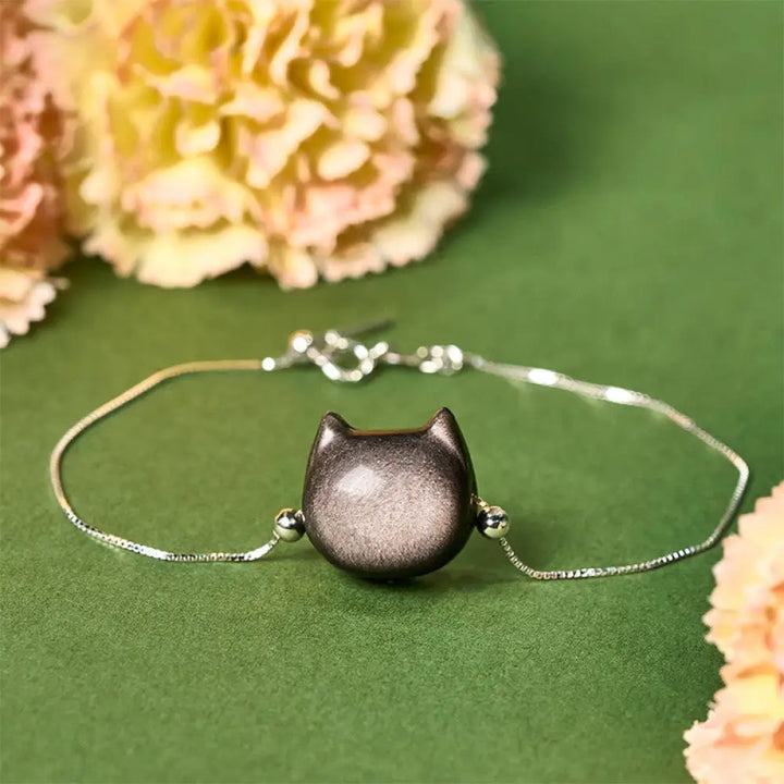 Buddha Stones 925 Sterling Silver Silver Sheen Obsidian Gold Sheen Obsidian Cat Soothing Bracelet - Silver Sheen