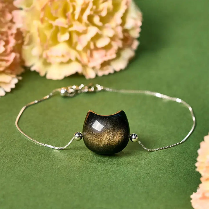 Buddha Stones 925 Sterling Silver Silver Sheen Obsidian Gold Sheen Obsidian Cat Soothing Bracelet - Gold Sheen Obsidian