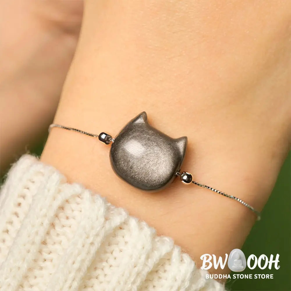 Buddha Stones 925 Sterling Silver Silver Sheen Obsidian Gold Sheen Obsidian Cat Soothing Bracelet - Bracelet