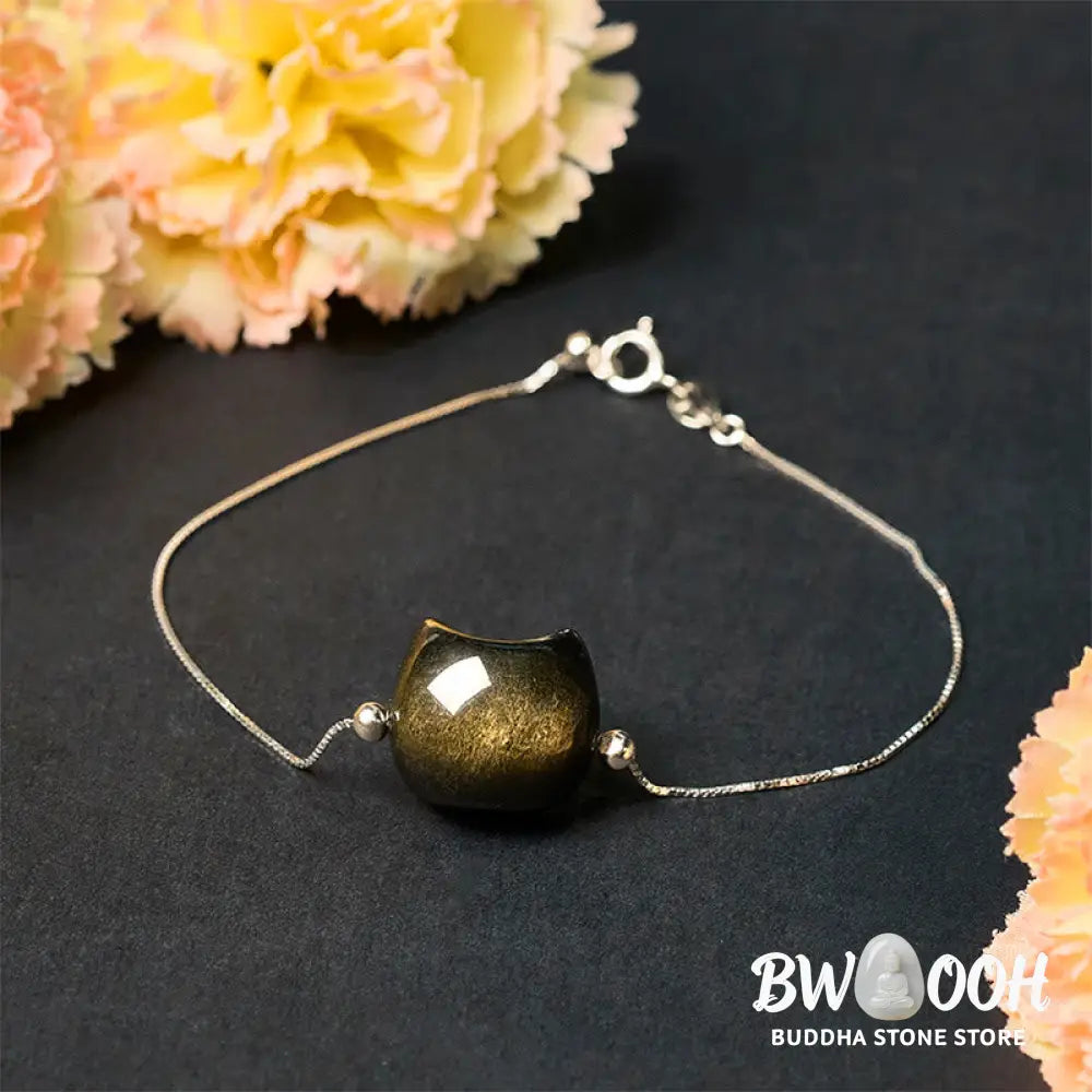 Buddha Stones 925 Sterling Silver Silver Sheen Obsidian Gold Sheen Obsidian Cat Soothing Bracelet - Bracelet