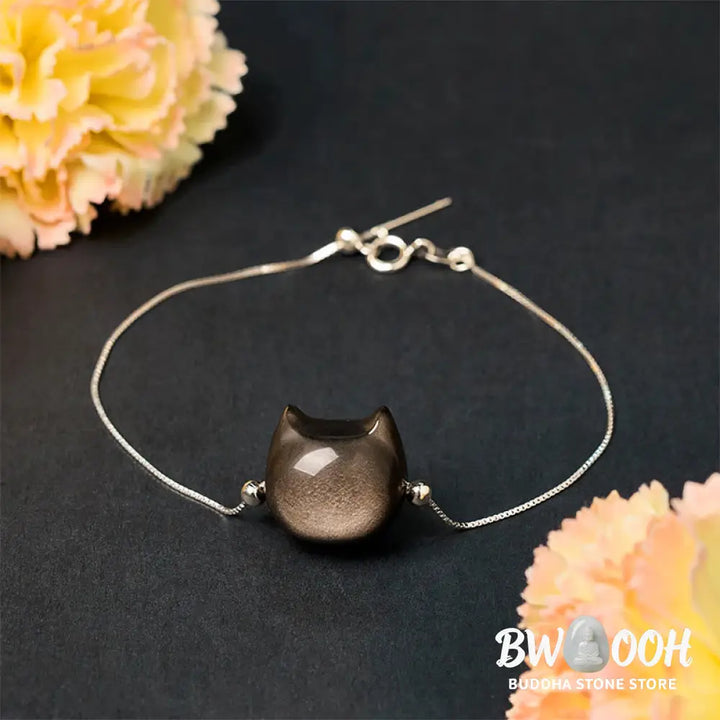 Buddha Stones 925 Sterling Silver Silver Sheen Obsidian Gold Sheen Obsidian Cat Soothing Bracelet - Bracelet