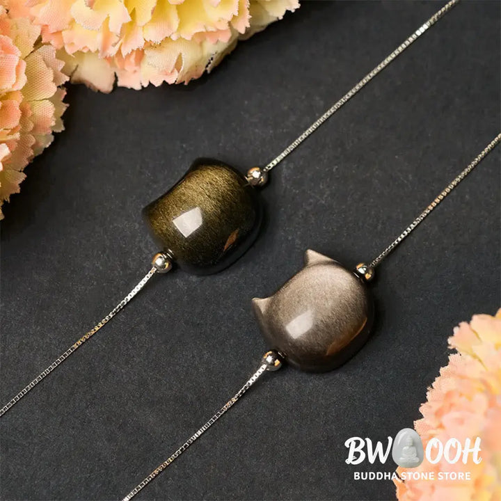 Buddha Stones 925 Sterling Silver Silver Sheen Obsidian Gold Sheen Obsidian Cat Soothing Bracelet - Bracelet