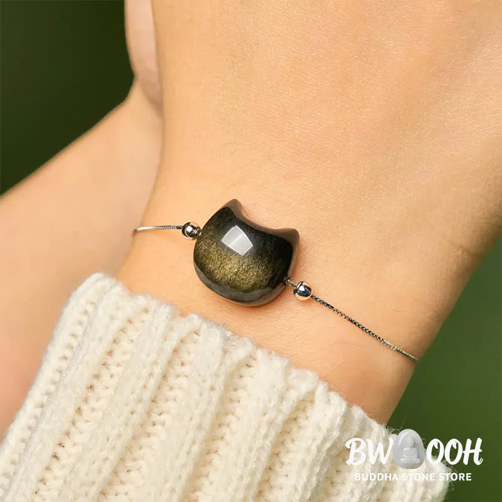 Buddha Stones 925 Sterling Silver Silver Sheen Obsidian Gold Sheen Obsidian Cat Soothing Bracelet - Bracelet