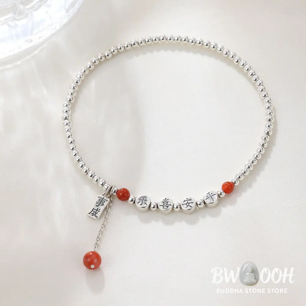 Buddha Stones 925 Sterling Silver Small Beads Red Agate Peace And Joy Blessing Anklet - Silver Anklet(Circumference