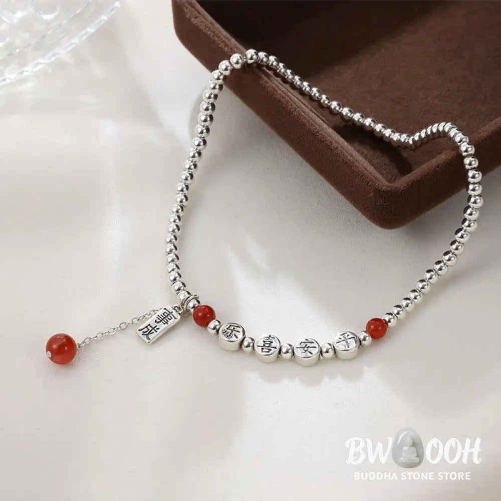 Buddha Stones 925 Sterling Silver Small Beads Red Agate Peace And Joy Blessing Anklet - Silver Anklet(Circumference