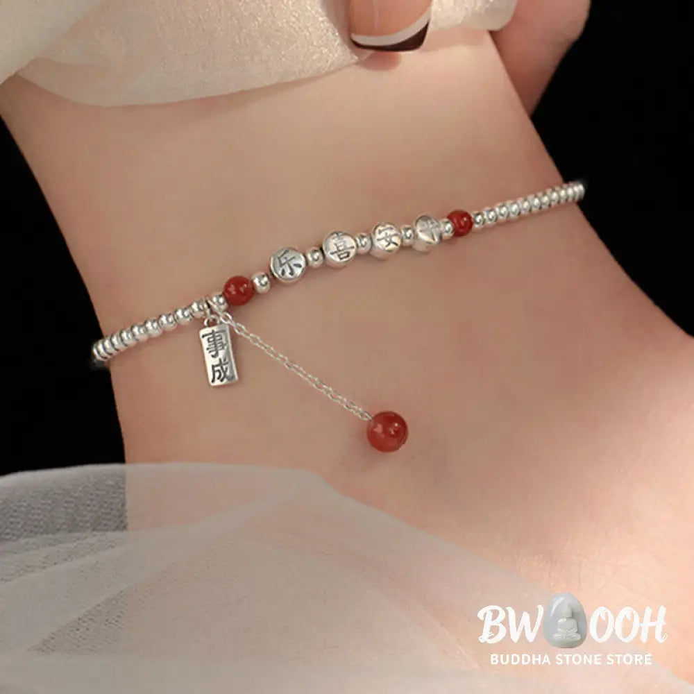 Buddha Stones 925 Sterling Silver Small Beads Red Agate Peace And Joy Blessing Anklet - Silver Anklet(Circumference