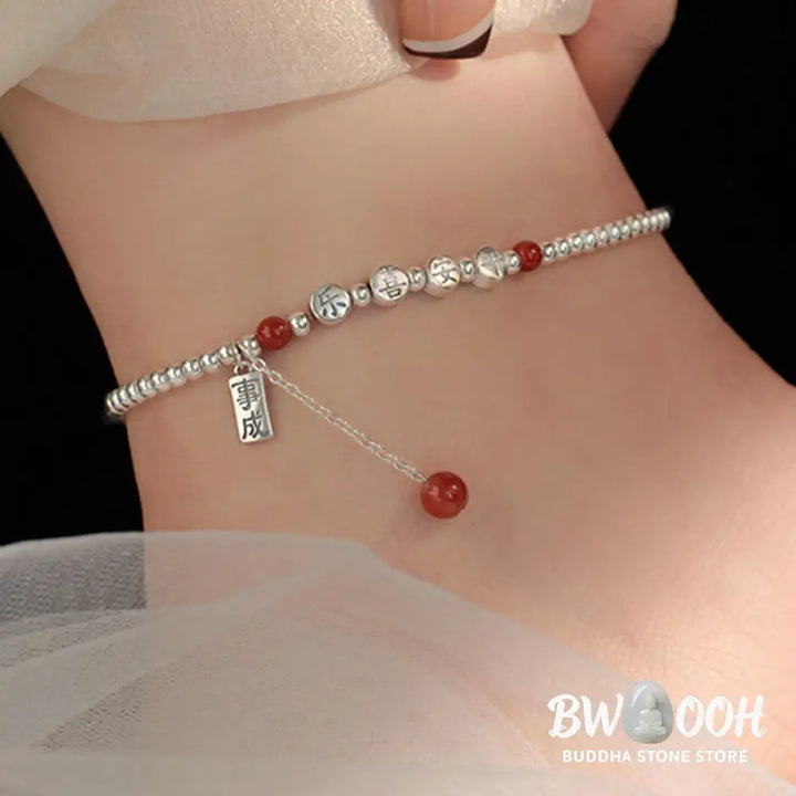 Buddha Stones 925 Sterling Silver Small Beads Red Agate Peace And Joy Blessing Anklet - Silver Anklet(Circumference