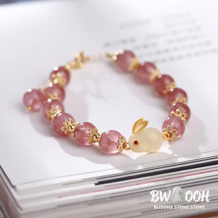 Buddha Stones 925 Sterling Silver Strawberry Quartz Year of the Rabbit Hetian Jade Moonstone Healing Bracelet (Extra