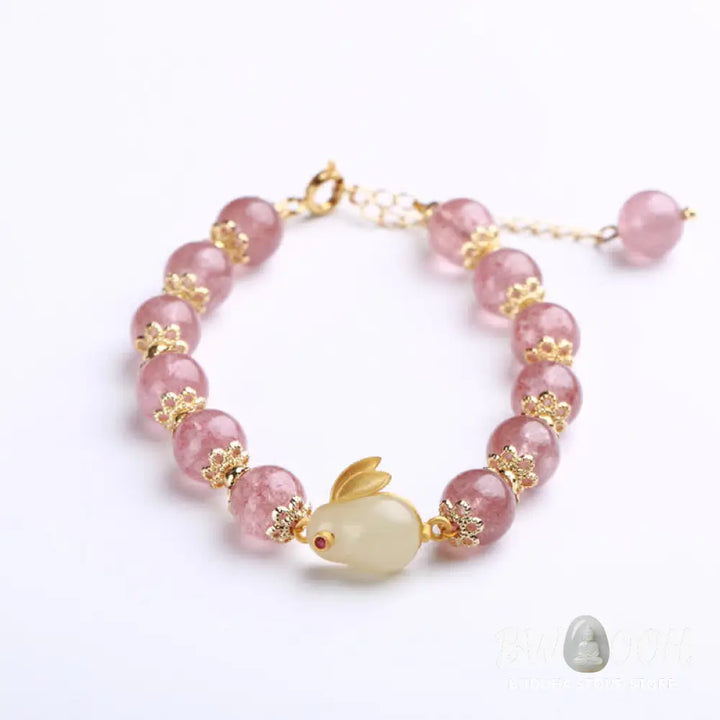 Buddha Stones 925 Sterling Silver Strawberry Quartz Year of the Rabbit Hetian Jade Moonstone Healing Bracelet (Extra