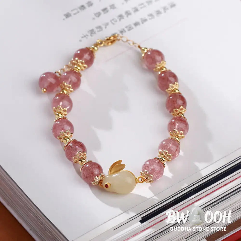 Buddha Stones 925 Sterling Silver Strawberry Quartz Year of the Rabbit Hetian Jade Moonstone Healing Bracelet (Extra