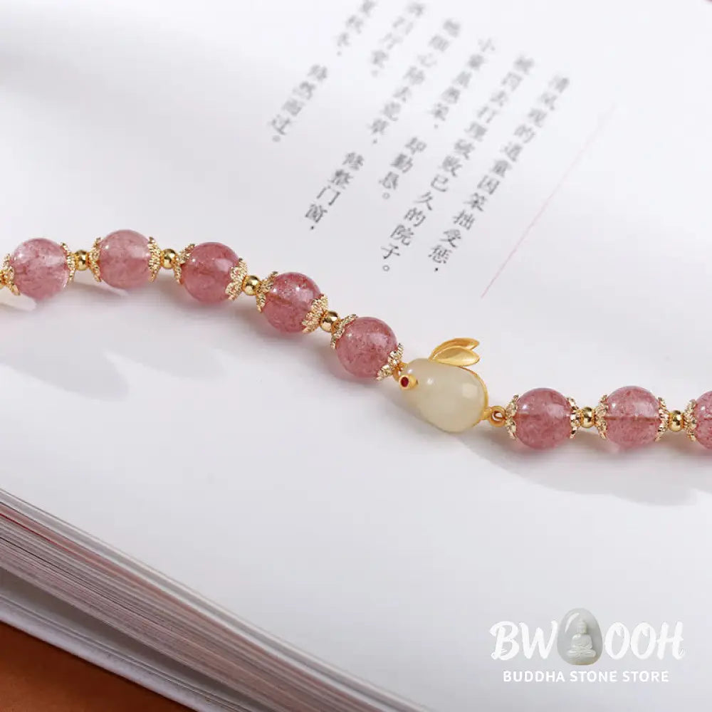 Buddha Stones 925 Sterling Silver Strawberry Quartz Year of the Rabbit Hetian Jade Moonstone Healing Bracelet (Extra