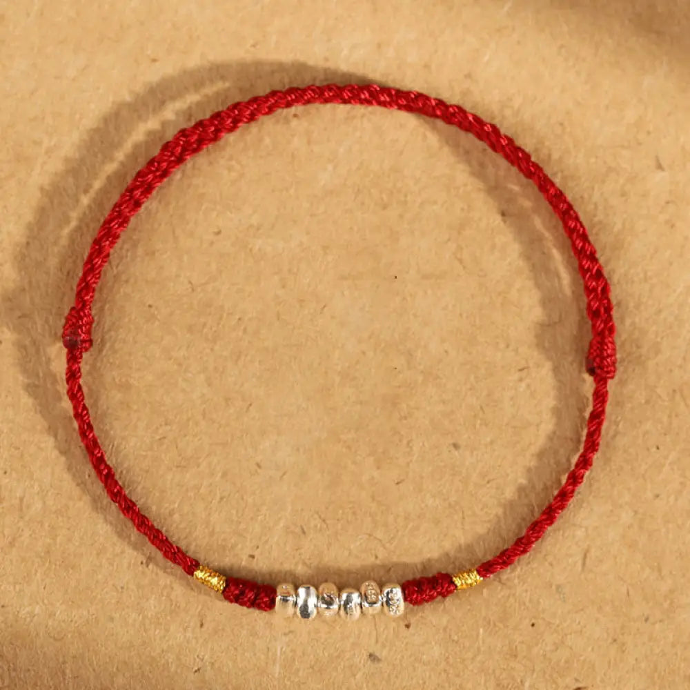 Buddha Stones 925 Sterling Silver String Protection Luck Ultra-Thin Braided Bracelet Anklet - 925 Sterling Silver Red