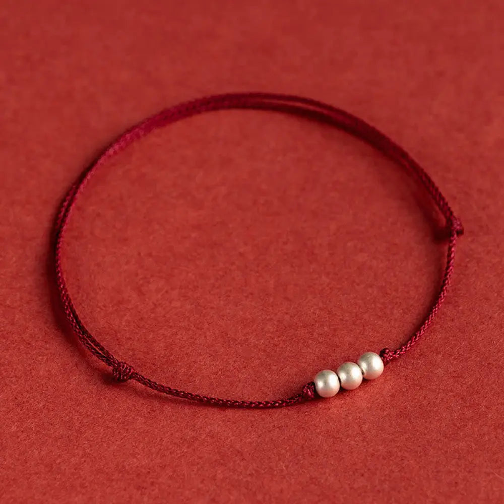 Buddha Stones 925 Sterling Silver Three Beads Protection String Bracelet Anklet - BWOOOH - Anklet(Circumference