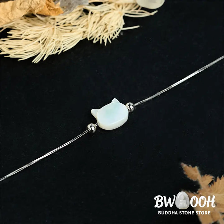 Buddha Stones 925 Sterling Silver Tridacna Stone Cat Head Blessing Chain Bracelet - Bracelet