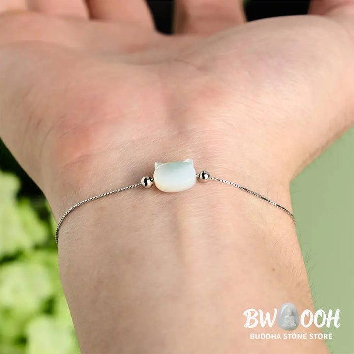 Buddha Stones 925 Sterling Silver Tridacna Stone Cat Head Blessing Chain Bracelet - Bracelet