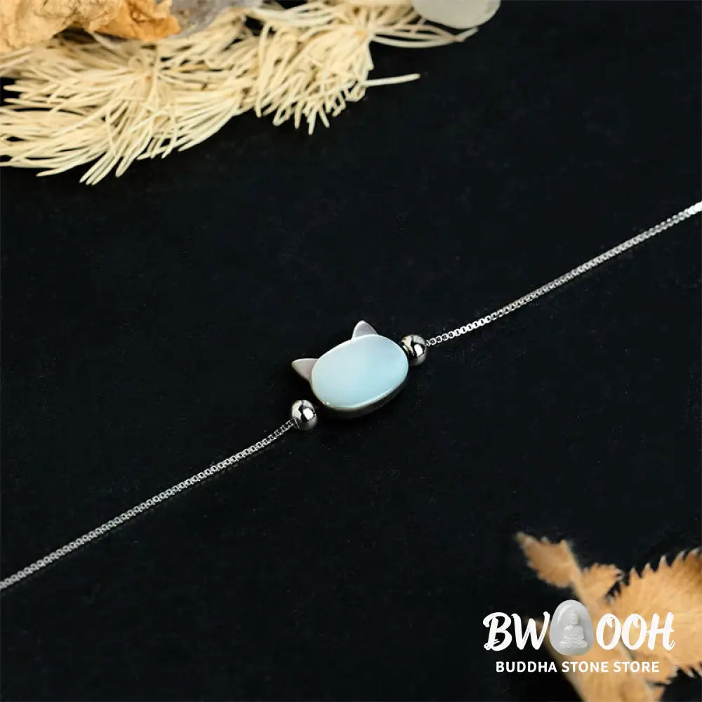 Buddha Stones 925 Sterling Silver Tridacna Stone Cat Head Blessing Chain Bracelet - Bracelet
