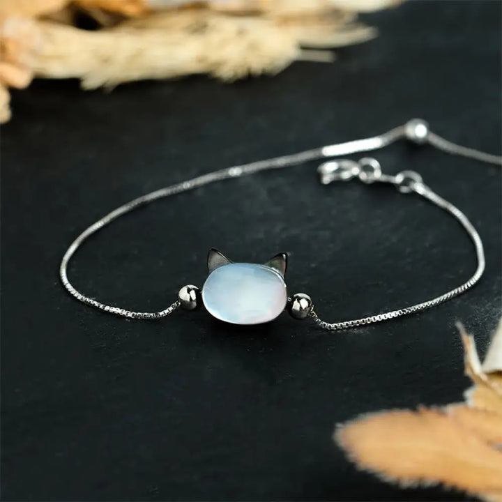 Buddha Stones 925 Sterling Silver Tridacna Stone Cat Head Blessing Chain Bracelet - Black Tridacna Stone / 15-17cm