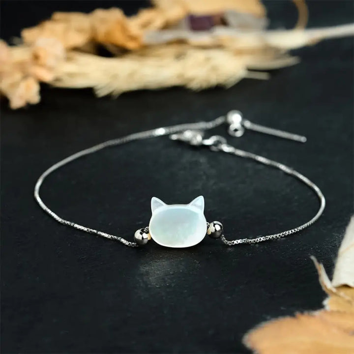 Buddha Stones 925 Sterling Silver Tridacna Stone Cat Head Blessing Chain Bracelet - White Tridacna Stone / 15-17cm