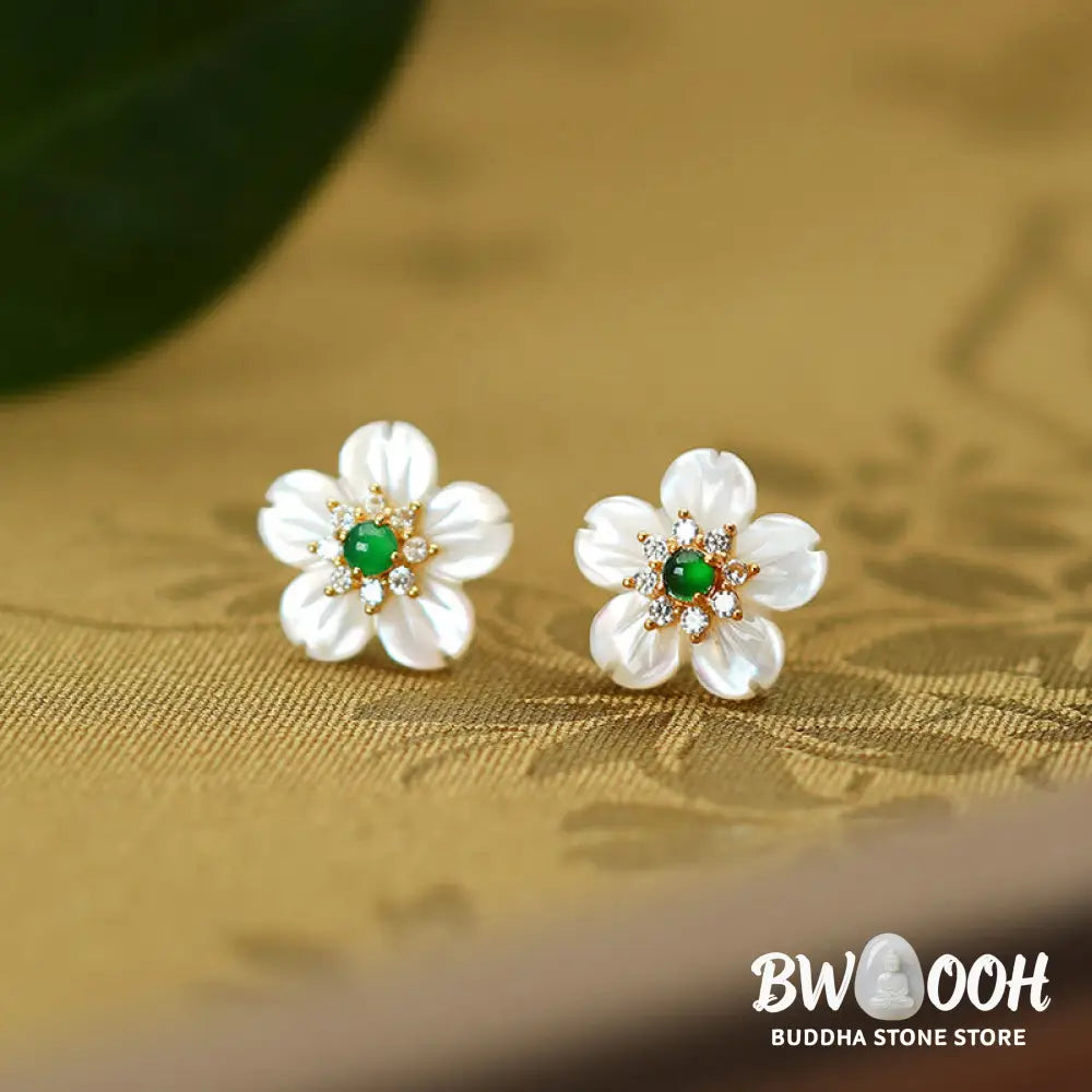 Buddha Stones 925 Sterling Silver Tridacna Stone Jade Flower Blessing Earrings - Tridacna Stone Jade 925 Sterling