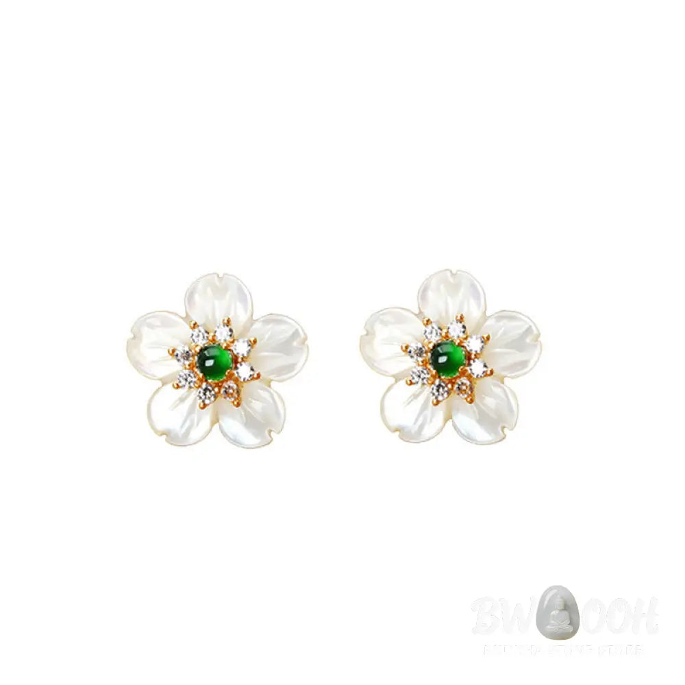 Buddha Stones 925 Sterling Silver Tridacna Stone Jade Flower Blessing Earrings - Tridacna Stone Jade 925 Sterling