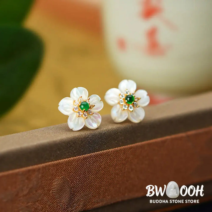 Buddha Stones 925 Sterling Silver Tridacna Stone Jade Flower Blessing Earrings - Tridacna Stone Jade 925 Sterling