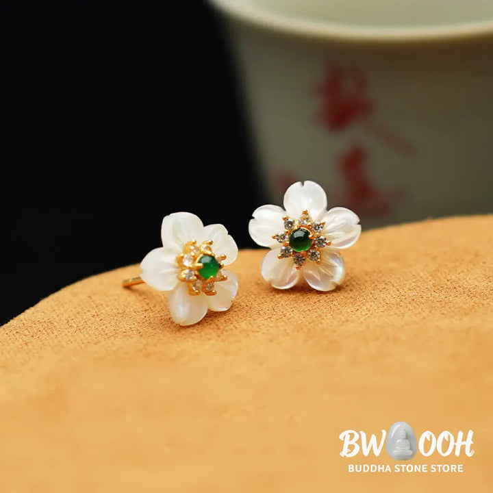 Buddha Stones 925 Sterling Silver Tridacna Stone Jade Flower Blessing Earrings - Tridacna Stone Jade 925 Sterling
