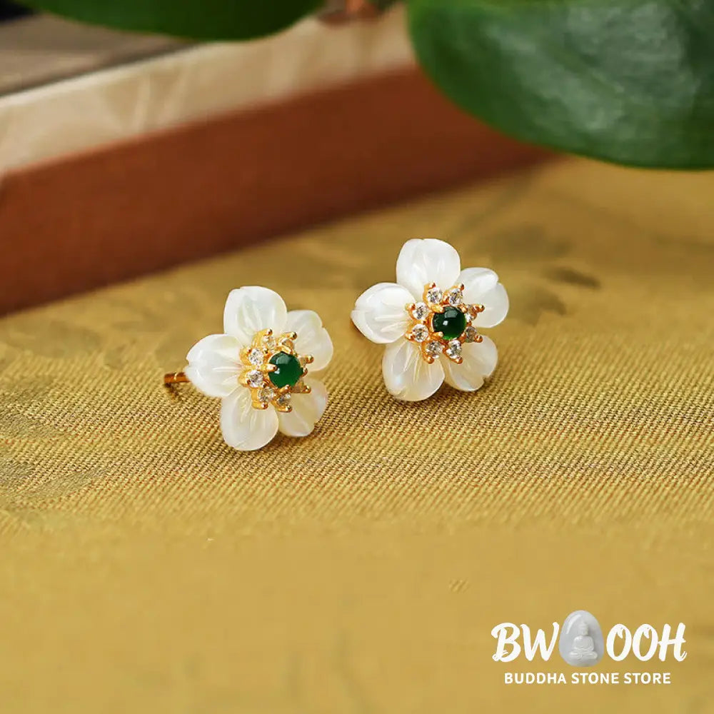 Buddha Stones 925 Sterling Silver Tridacna Stone Jade Flower Blessing Earrings - Tridacna Stone Jade 925 Sterling