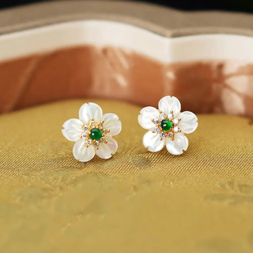 BWOOOH 925 Sterling Silver Tridacna Stone Jade Flower Blessing Earrings — Sterling Silver jade bracelet for spiritual heal...