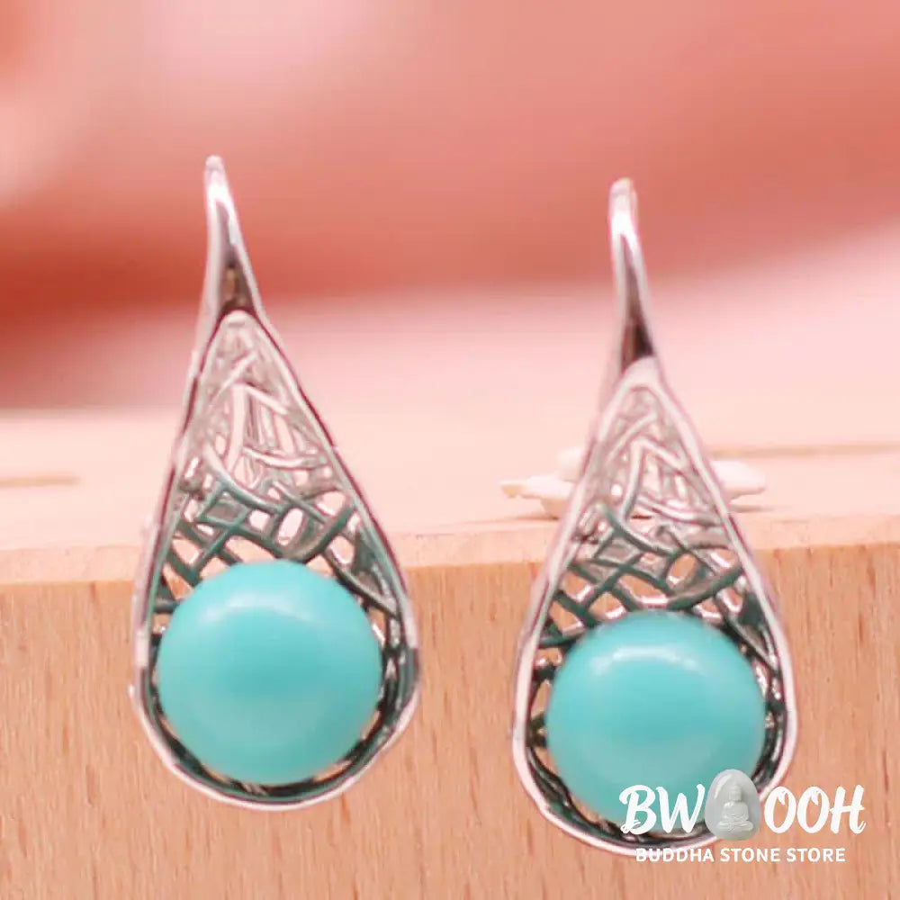 Buddha Stones 925 Sterling Silver Turquoise Beaded Pattern Protection Drop Dangle Earrings - 925 Sterling