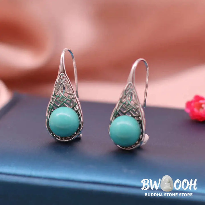 Buddha Stones 925 Sterling Silver Turquoise Beaded Pattern Protection Drop Dangle Earrings - 925 Sterling