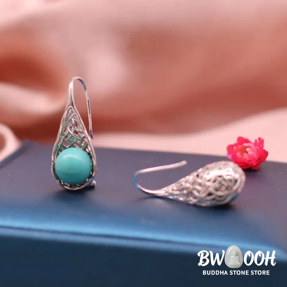 Buddha Stones 925 Sterling Silver Turquoise Beaded Pattern Protection Drop Dangle Earrings - 925 Sterling