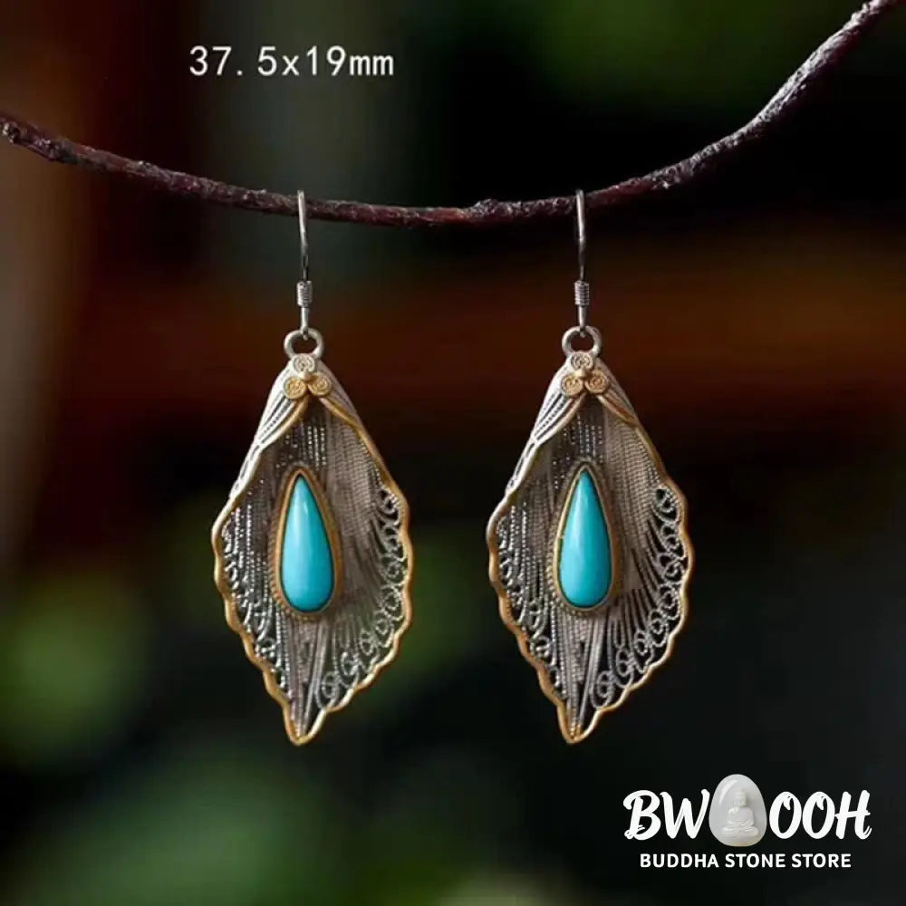 Buddha Stones 925 Sterling Silver Turquoise Bodhi Leaf Pattern Protection Drop Dangle Earrings - Earrings