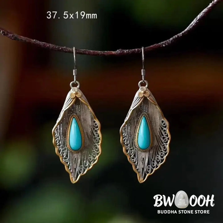 Buddha Stones 925 Sterling Silver Turquoise Bodhi Leaf Pattern Protection Drop Dangle Earrings - Earrings